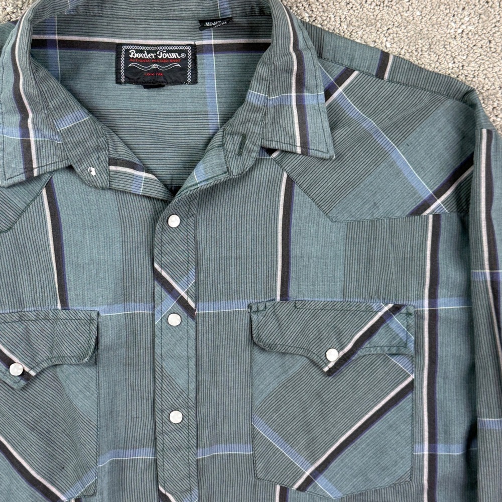 Vintage Border Town Mens XL Western Pearl Snap Blue Green Plaid Cowboy Shirt